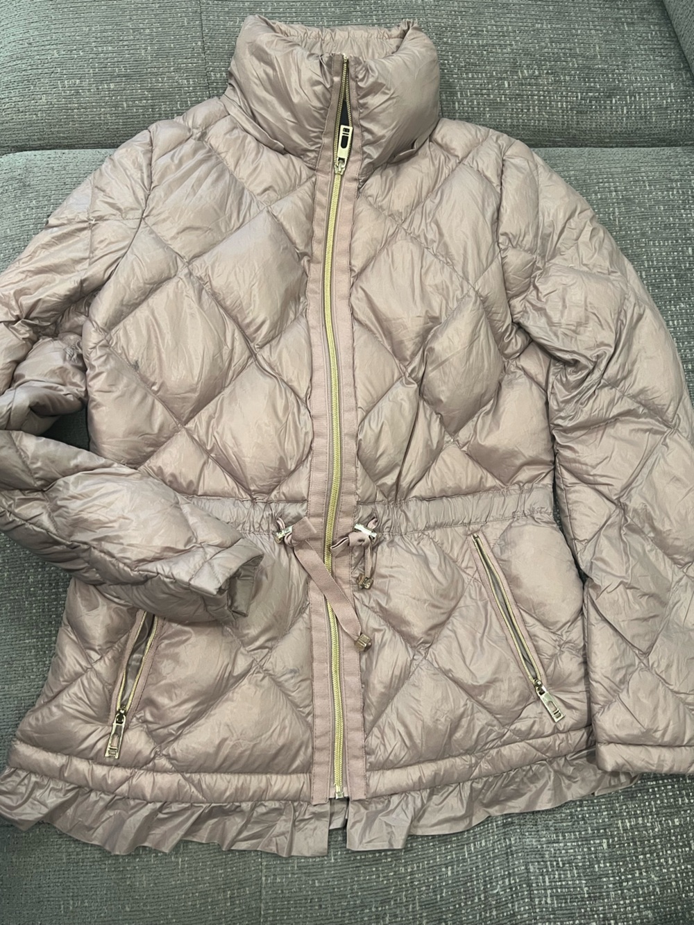 Ivanka Trump Quilted Packable Puffer Jacket in Light Taupe. M17